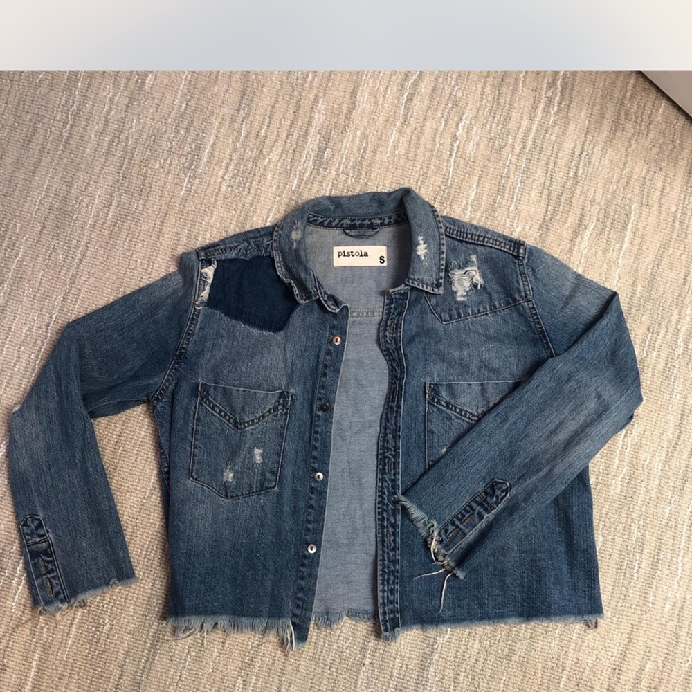 pistola Blue Distressed Cropped Denim Jacket